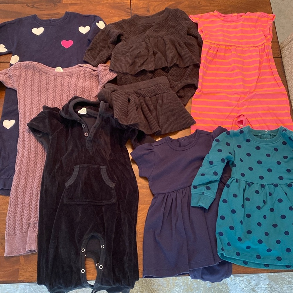 Lot of 8 12-18 mo baby girl rompers & dresses from Kate Quinn, Primary and more
